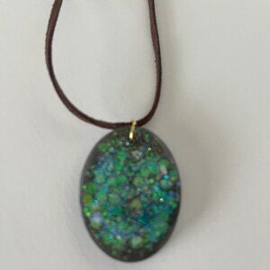 Brown Faux Suede Necklace with greenish/blue Sparkle Pendant